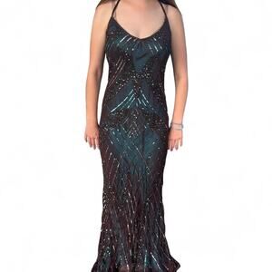 Vintage Scala Brown/Teal beaded, sequin prom dress READ MEASUREMENTS! Fairycore